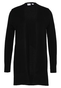 Černý pletený svetr s otevřeným předním designem, dlouhými rukávy a žebrovanými manžetami. Disponuje texturovanou látkou a střední délkou.