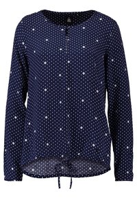 Camisa de manga larga azul marino con lunares blancos y patrones de copos de nieve, cuello redondo, botones en la parte delantera y dobladillo con cordón.