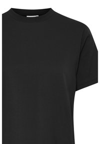 T-shirt in cotone nero con scollo rotondo e maniche corte, caratterizzato da una texture liscia e senza motivi o grafiche visibili.