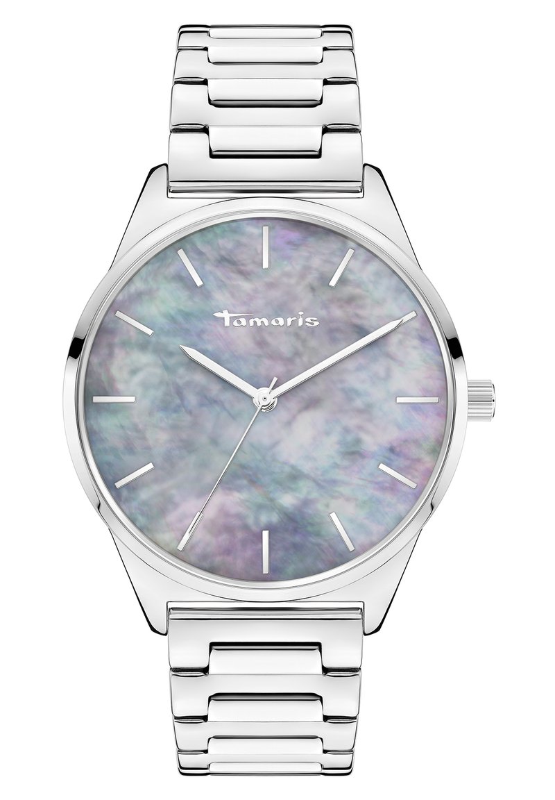 Zilveren roestvrijstalen horloge met een ronde wijzerplaat met een iriserende parelmoer schijf en zilveren uuraanduidingen. Verstelbare schakelarmband.
