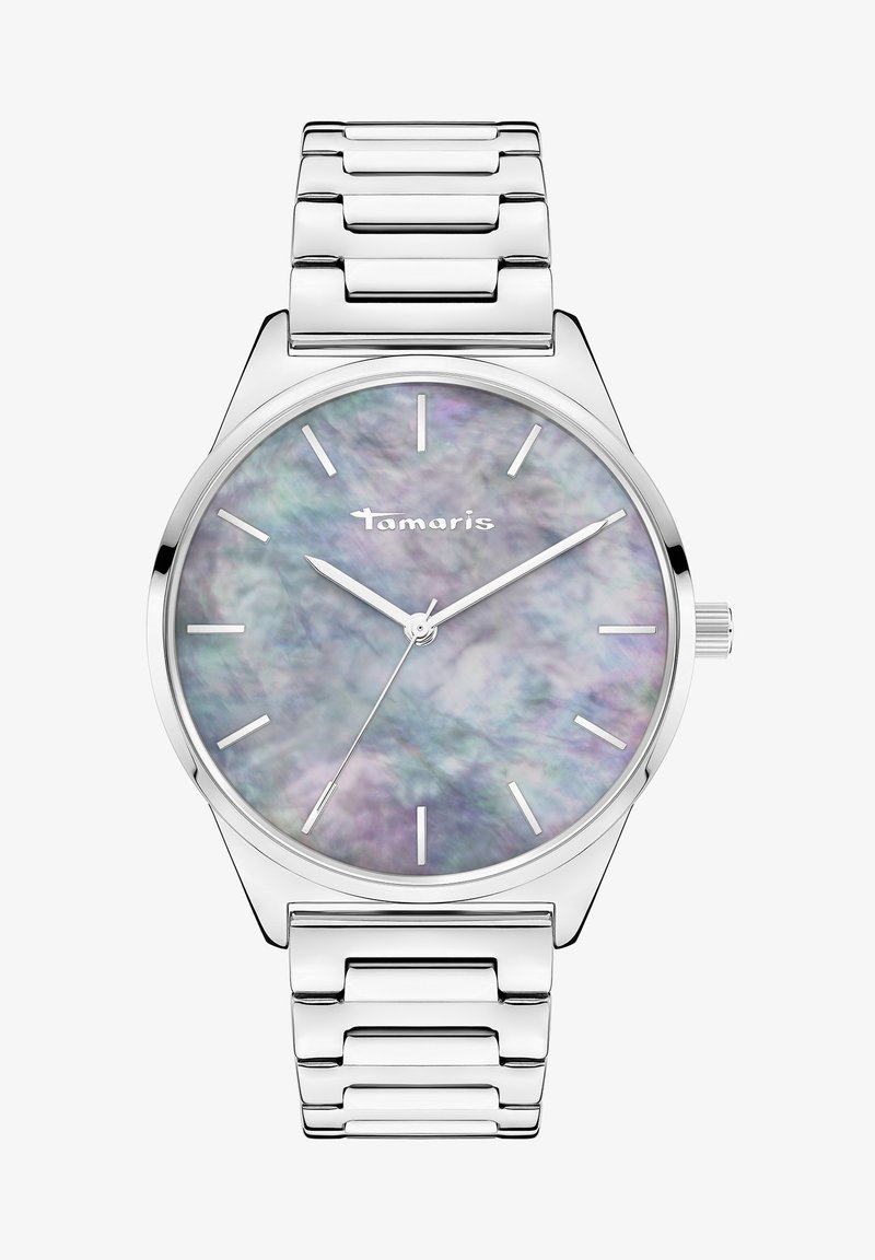 Montre en acier inoxydable argenté avec un cadran rond présentant un fond en nacre irisée et des index horaires en argent. Bracelet à maillons ajustable.