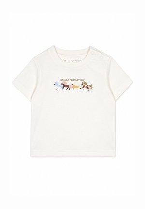 Maglietta bianca a maniche corte per neonati con bottoni a pressione sulla spalla e illustrazioni colorate di un cavallo al galoppo sopra la scritta Stella McCartney.