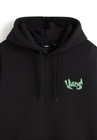 Felpa nera con cappuccio realizzata in tessuto morbido, dotata di tasca a marsupio frontale, cappuccio con coulisse e logo Vans verde sul petto.