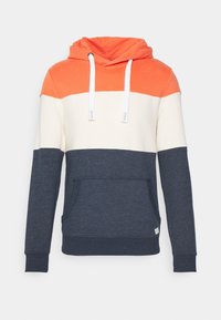 Felpa con cappuccio dal design a blocchi di colore arancione, crema e blu navy. Presenta una tasca frontale, lacci bianchi e polsini a coste. Realizzata in tessuto morbido.