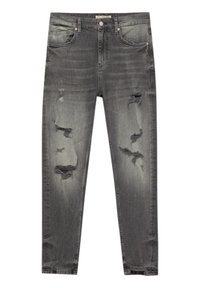 Black denim jeans with a slim fit, featuring distressed areas and fading. Five pockets with metal rivets and a standard zipper closure.