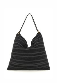 Borsa a spalla nera con un design ondulato caratterizzato da una texture a strisce orizzontali. Realizzata in tessuto con una finitura morbida e dettagli in metallo color oro.