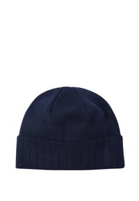 Berretto lavorato a maglia blu navy con risvolto a costine, cima arrotondata e una consistenza morbida. Nessun logo o decorazione visibile.