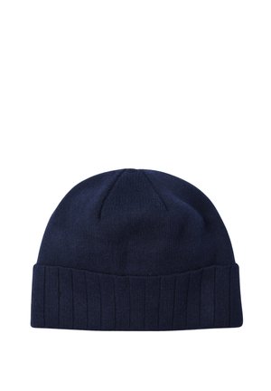 Berretto lavorato a maglia blu navy con risvolto a costine, cima arrotondata e una consistenza morbida. Nessun logo o decorazione visibile.