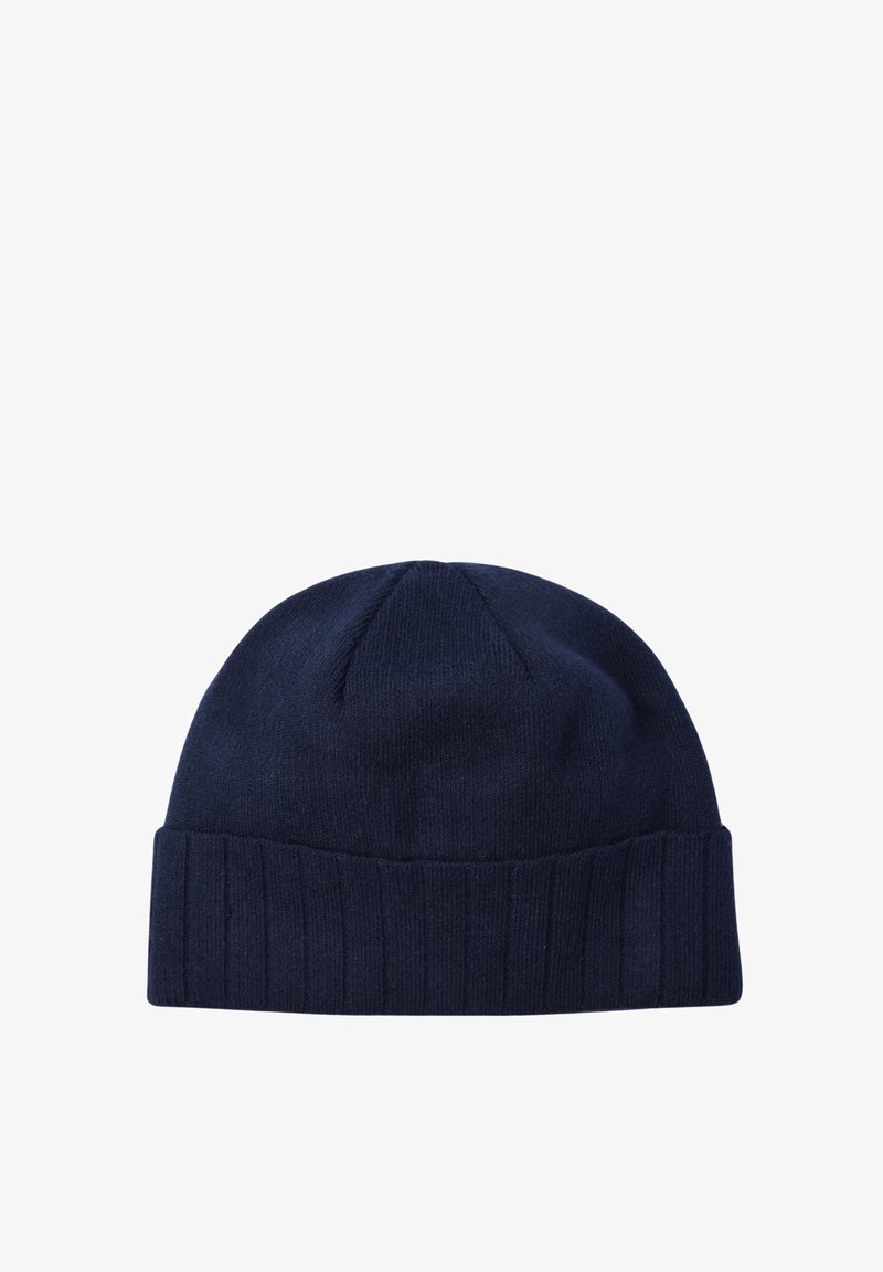 Berretto lavorato a maglia blu navy con risvolto a costine, cima arrotondata e una consistenza morbida. Nessun logo o decorazione visibile.