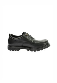 Scarpe in pelle nera con lacci, punta rotonda, tomaia testurizzata e suola robusta. Presentano cuciture a contrasto e occhielli in metallo.