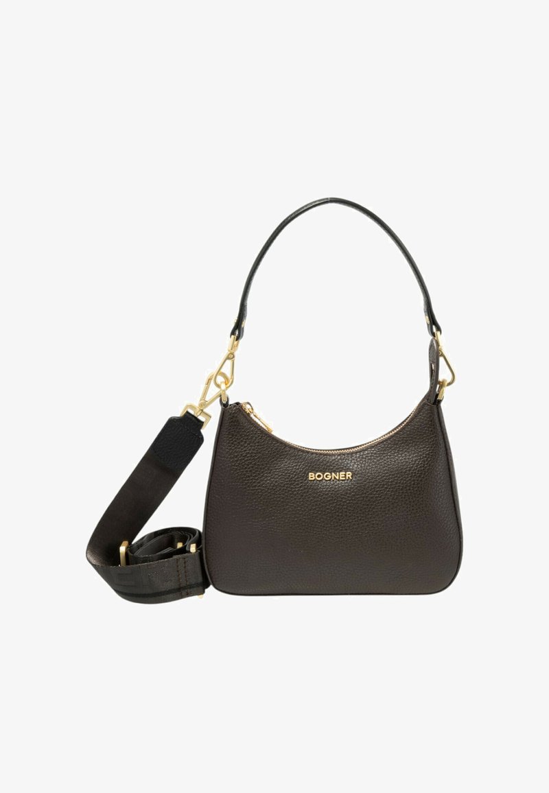 Ciemnobrązowa torebka Bogner z fakturą, ze złotym suwakiem, logo, krótkim uchwytem oraz odpinanym, szerokim czarnym paskiem na ramię ze złotymi detalami.