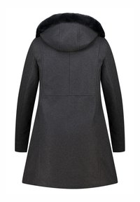 Donkergrijze lange damesjas met een getailleerde taille, lange mouwen, capuchon met zwart bont, vanuit de achterkant weergegeven op een witte achtergrond.