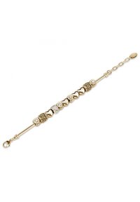 Bracciale in oro caratterizzato da una combinazione di perle lisce e texture, comprese le accentuazioni in cristallo trasparente. Catena regolabile con chiusura a gancio.