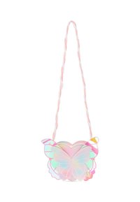 Borsa a forma di farfalla di colore rosa con accenti iridescenti, dotata di una tracolla intrecciata e bordi ondulati, realizzata in materiale sintetico.