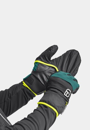 Black and teal gloves with a leather palm, elastic wrist, and bright yellow accents. Textured fabric offers grip and warmth.