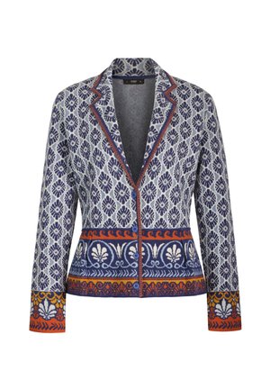 Geknöpfter Blazer mit blau-weißem geometrischem Muster, orange-gelben Zierstreifen an Ärmelbündchen und Taille, mit Reverskragen.
