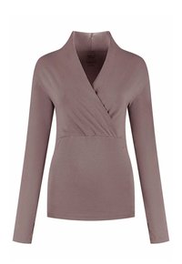 Braunes, langärmeliges Wickeloberteil mit V-Ausschnitt; glatte Textur; mit dezentem Logo an der unteren Seite. Geeignet für legere Anlässe.