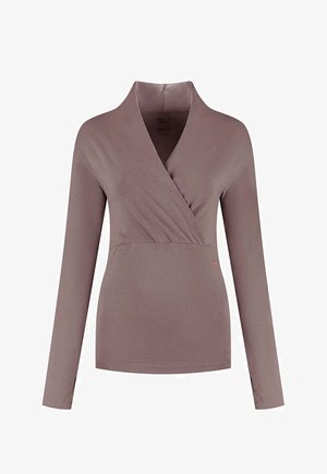 Bruine, lange mouwen wikkeltop met een v-halslijn; gladde textuur; heeft een subtiel logo aan de onderkant. Geschikt voor casual draag.