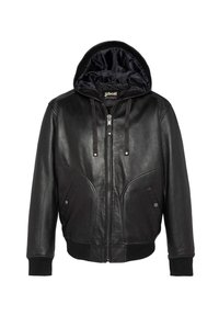 Veste en cuir noir avec capuche, fermeture éclair à l'avant, poignets et ourlet côtelés, dotée de poches latérales et d'une finition lisse. Intérieur doublé avec logo.