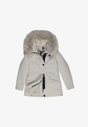 Parka leggera color beige chiaro con cappuccio foderato in pelliccia, chiusura a zip e bottoni, due tasche anteriori e interno trapuntato. Dettagli con zip nera.