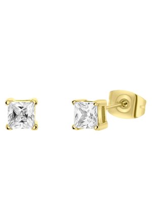 Gouden stud oorbellen met vierkante, heldere cubic zirconia stenen, gezet in vier klauwen. Eenvoudig ontwerp met een druksluiting.