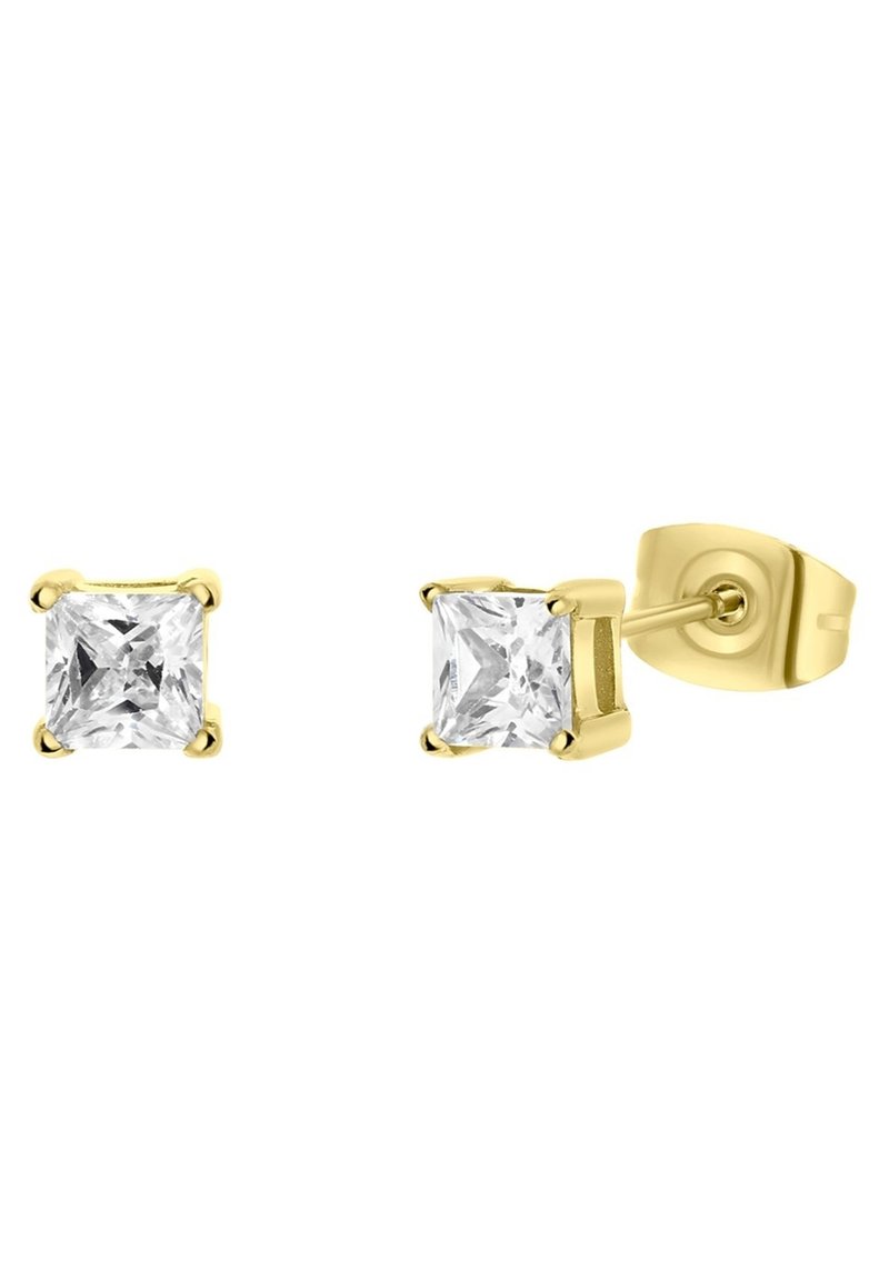 Gouden stud oorbellen met vierkante, heldere cubic zirconia stenen, gezet in vier klauwen. Eenvoudig ontwerp met een druksluiting.