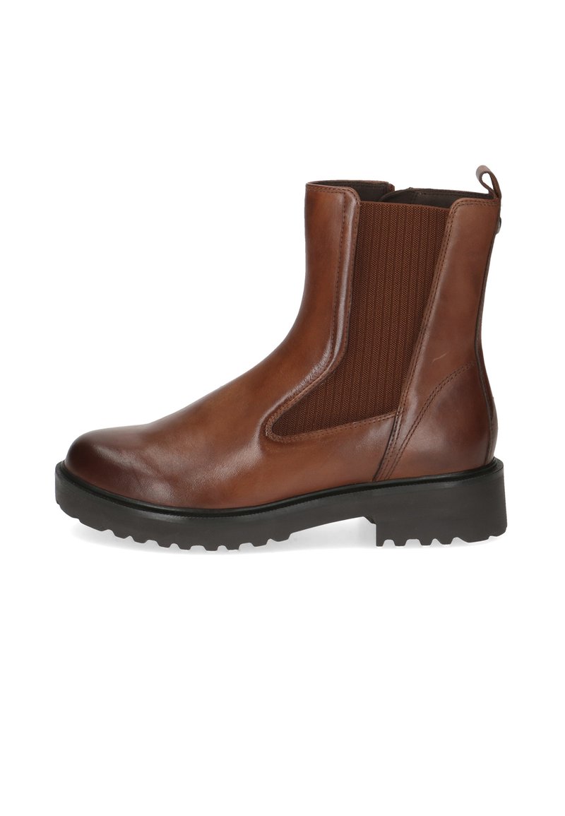 Bottines en cuir marron avec des panneaux latéraux élastiques, bout rond, accents texturés et une épaisse semelle en caoutchouc noir.