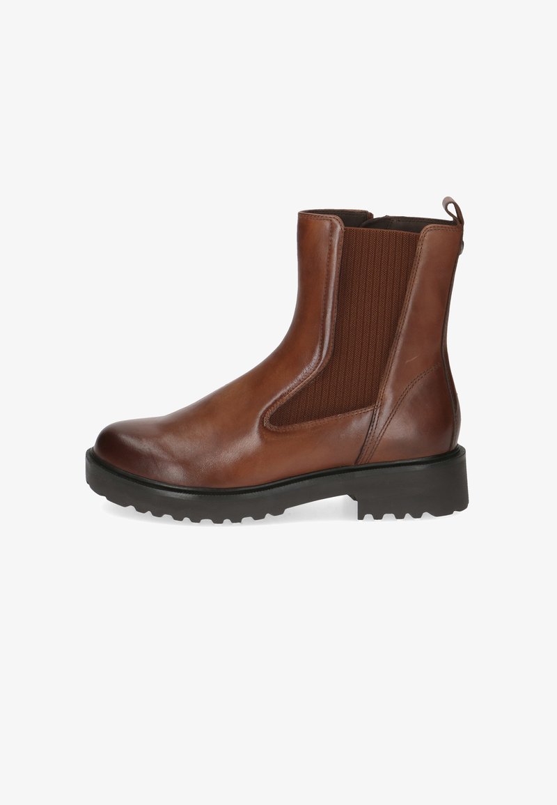 Braune Leder-Stiefeletten mit elastischen Seitenpartien, runder Spitze, strukturierten Akzenten und einer dicken schwarzen Gummisohle.