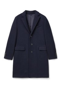 Abrigo de lana azul marino con diseño de un solo botón, solapas con muesca, dos bolsillos frontales y puños abotonados. Forro interior suave.