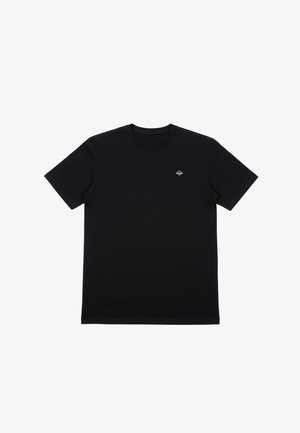 Black short-sleeve crew neck t-shirt with a small white logo on the left chest against a white background.