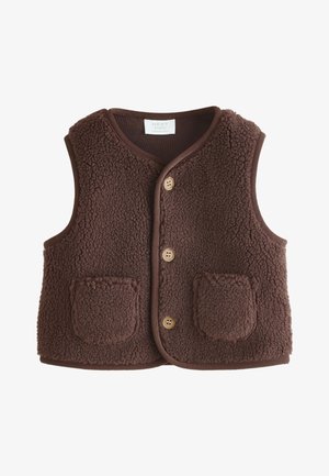Gilet in pile marrone senza maniche per bambino piccolo con due tasche frontali e tre bottoni di legno al centro.