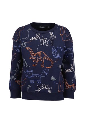 Dunkelblaues Kinder-Sweatshirt mit bunt umrandeten Dinosauriern und Füchsen, die über den Stoff verteilt sind, langen Ärmeln und gerippten Bündchen.