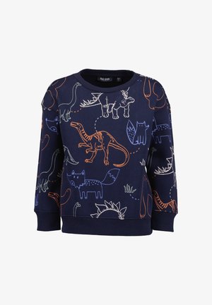 Dunkelblaues Kinder-Sweatshirt mit bunt umrandeten Dinosauriern und Füchsen, die über den Stoff verteilt sind, langen Ärmeln und gerippten Bündchen.