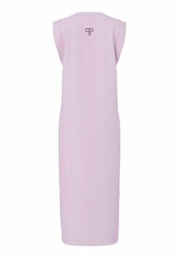 Μακρύ αμάνικο φόρεμα σε λεβαντί απόχρωση με ίσια γραμμή και μικρό λογότυπο τυπωμένο κοντά στο κέντρο του άνω μέρους της πλάτης.