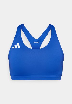 Blue sports bra made of smooth fabric, featuring a racerback design, Adidas logo on the left side, and minimal stitching details.