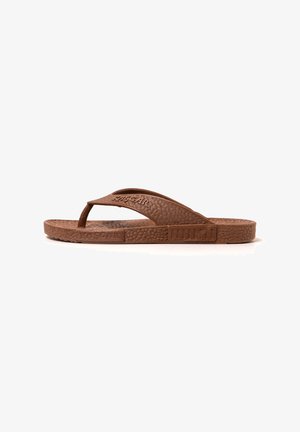 Brown flip-flop sandal with textured upper, thin strap and branded side detail. Flat sole with a patterned grip surface. Lightweight design.