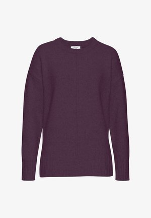 Maroon sweater with a round neck, dropped shoulders, and ribbed cuffs and hem. Made from soft knit material with a textured finish.