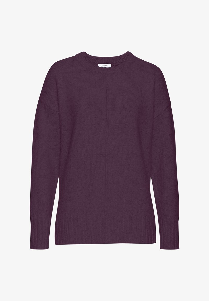 Bordeauxfarbener Pullover mit Rundhalsausschnitt, überschnittenen Schultern und gerippten Bündchen und Saum. Aus weichem Strickmaterial mit strukturiertem Finish gefertigt.