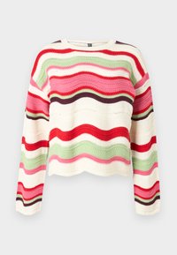 Πλεκτό πουλόβερ με μακριά μανίκια και κυματιστές οριζόντιες ρίγες σε κόκκινο, ροζ, πράσινο, κρεμ και σκούρο καφέ σε ανοιχτό γκρι φόντο.