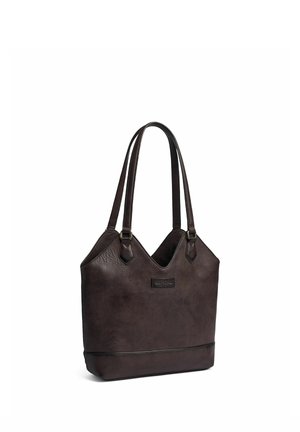 Dunkelbraune Lederhandtasche mit doppelten Schulterriemen und einem dezenten Markenlabel vorne, vor weißem Hintergrund gezeigt.
