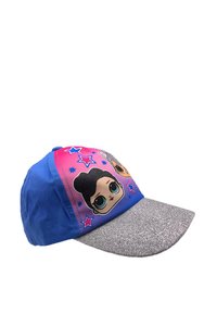Gorra azul con la parte delantera rosa que presenta caras de dibujos animados, estrellas y un visera plateada brillante. Material de algodón con diseños impresos.
