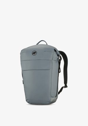 Grå slank rygsæk med polstrede skulderremme og topgreb, med en lille mammutlogo på frontpanelet.