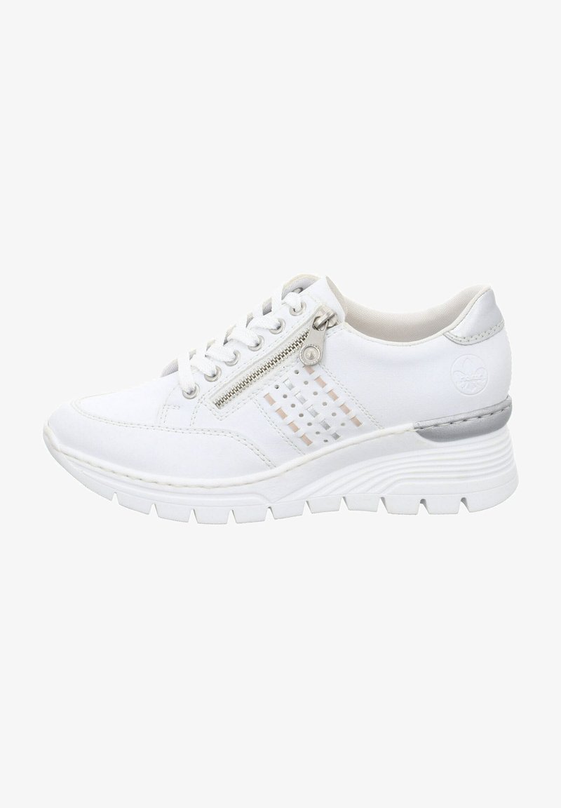 White sneaker with lace-up design, side zipper, textured overlays, and silver accents. Features a cushioned sole with a wavy pattern.