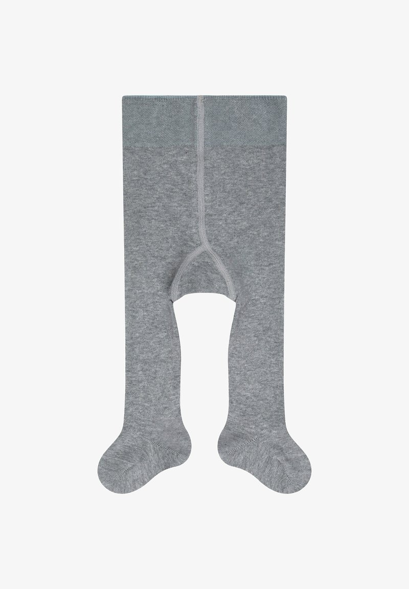 Graue Baumwollstrumpfhosen mit einer glatten Textur, ausgestattet mit einem breiten Bund und verstärkten Zehenbereichen. Mit einem Design für das gesamte Bein.