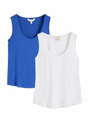 Two sleeveless tank tops with scoop necks, one royal blue and one white, laid overlapping on a white background.