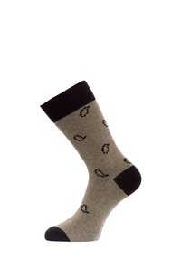 Chaussette jusqu'au genou en beige avec un bord noir et un orteil noir. Présente un motif de traces de pas noires dispersées. Fabriquée en un matériau doux et extensible.