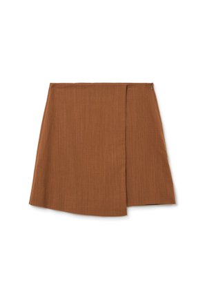 Bruine, knielange rok met een zijsplit, gemaakt van een textuurstof met een gladde afwerking en een discrete rits aan de achterkant.