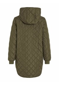Vadderad olivgrön jacka med huva, lång ärm och ribbade ärmslut; har ett diamantmönster och en lång, avslappnad passform.