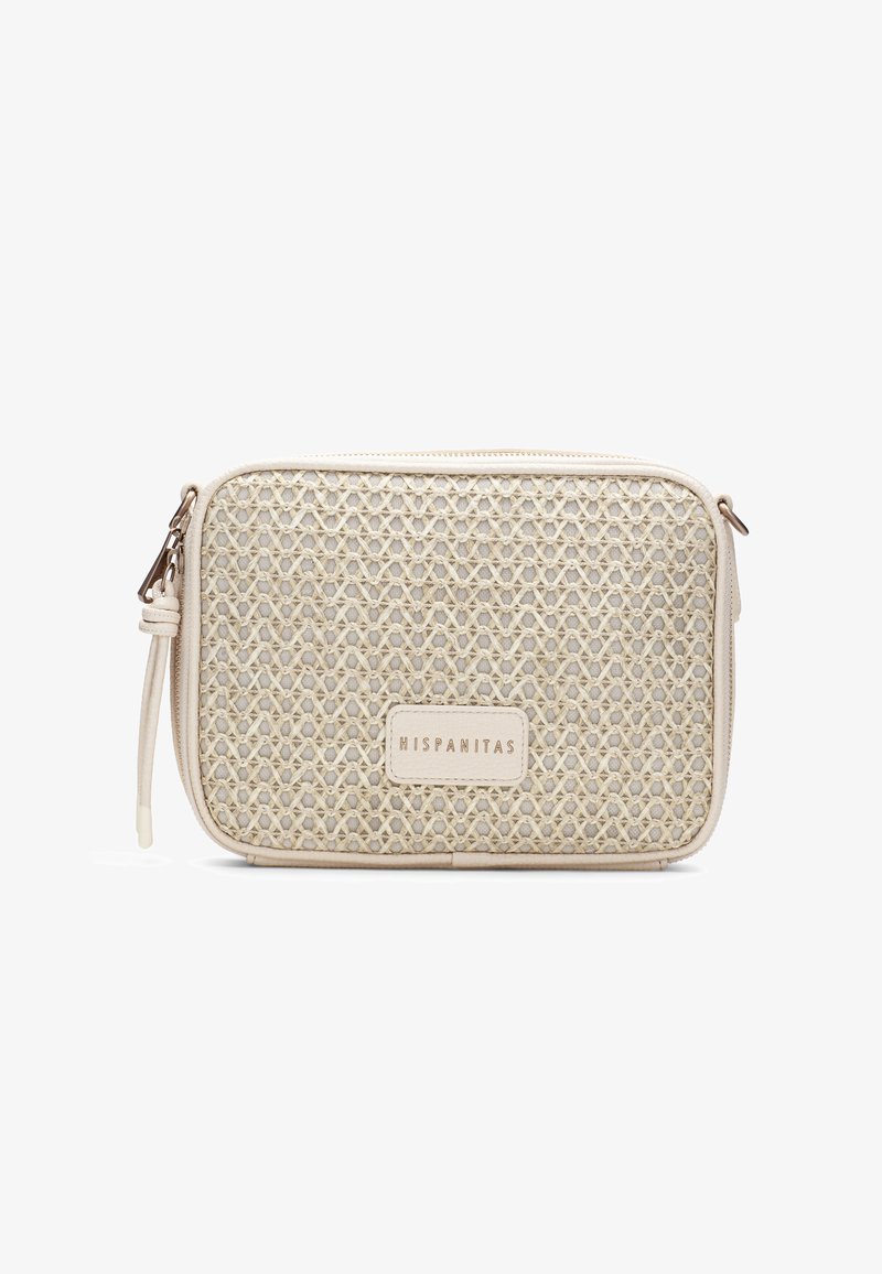 Béžová obdélníková kabelka přes rameno se vzorem z tkaniny, uzávěrem na zip a štítkem "Hispanitas" uprostřed přední strany.