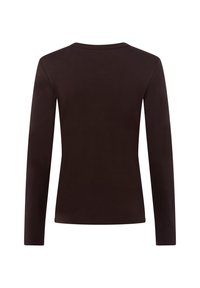 Czarna, długoskalowa koszula z okrągłym dekoltem, widoczna od tyłu, o prostym, dopasowanym fasonie, bez widocznych wzorów czy logo.